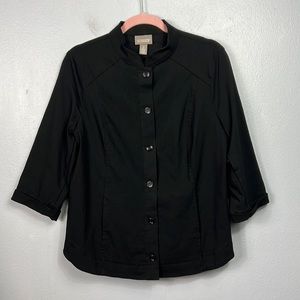 Chico’s Black Button Front 3/4 Sleeve Mandarin Collar Jacket Top Medium